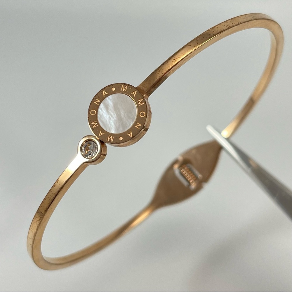 Mamona Gold Tone Mother of Pearl Hinged Clamper Bangle Bracelet Dainty Cute